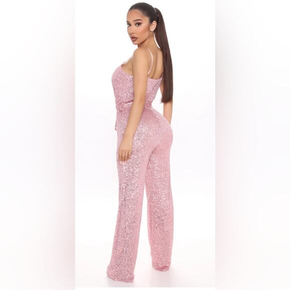 NEW FASHION NOVA Can't Hide The Shine Sequin PINK Jumpsuit SZ L - Picture 3 of 13